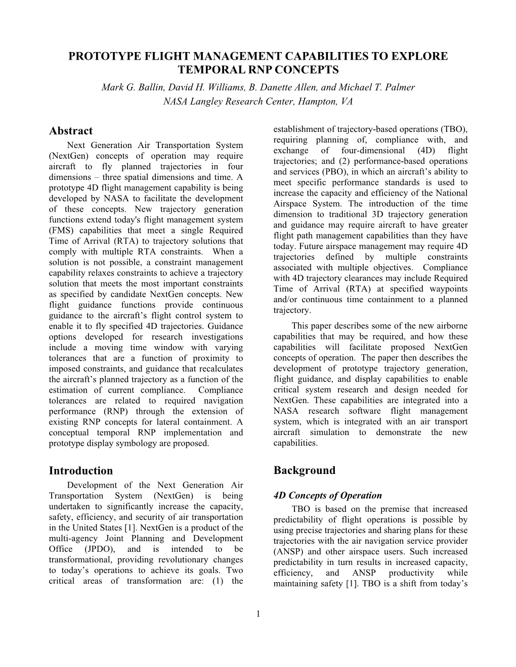 PROTOTYPE FLIGHT MANAGEMENT CAPABILITIES to EXPLORE TEMPORAL RNP CONCEPTS Abstract Introduction Background