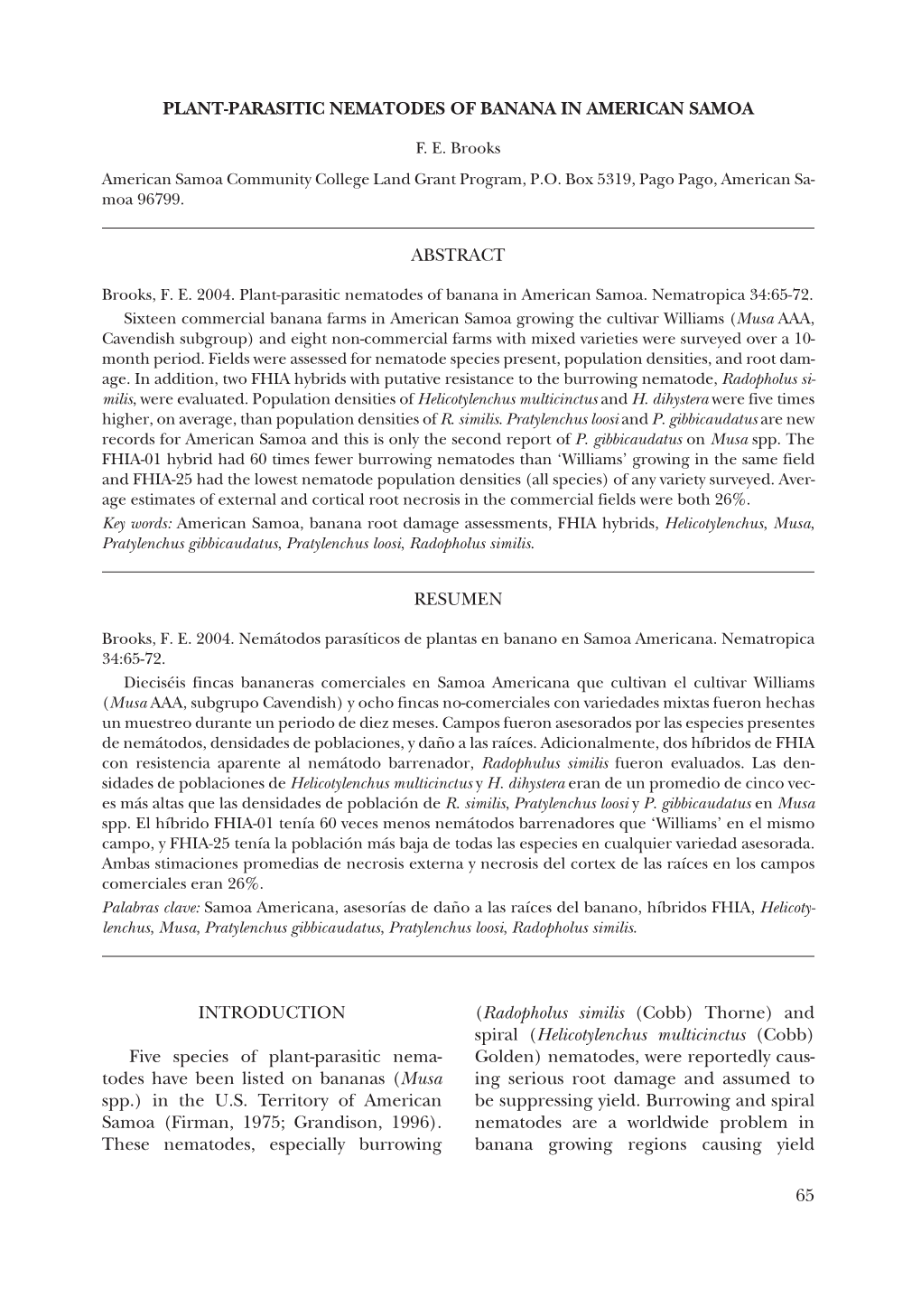 65 Plant-Parasitic Nematodes of Banana in American