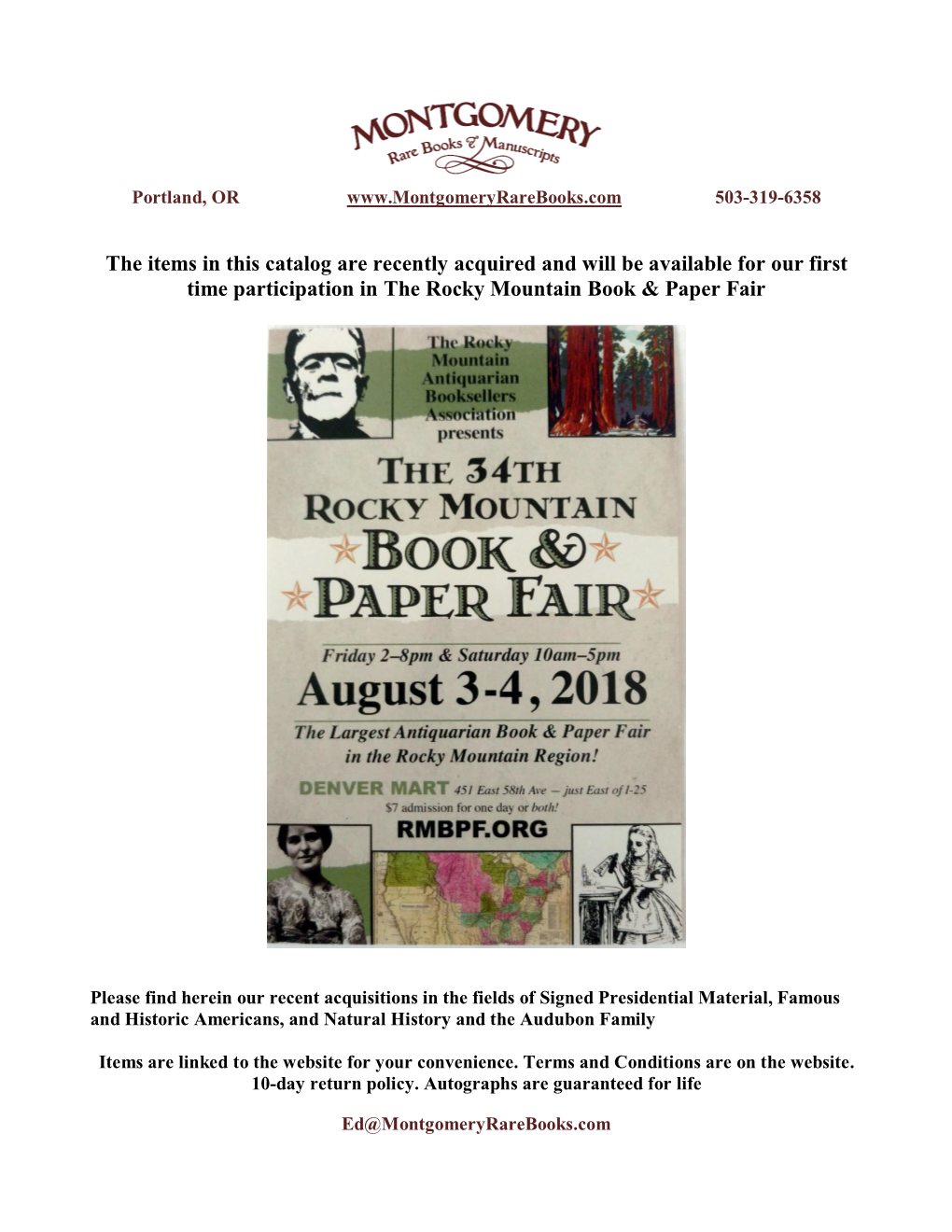 The Items in This Catalog Are Recently Acquired and Will Be Available for Our First Time Participation in the Rocky Mountain Book & Paper Fair