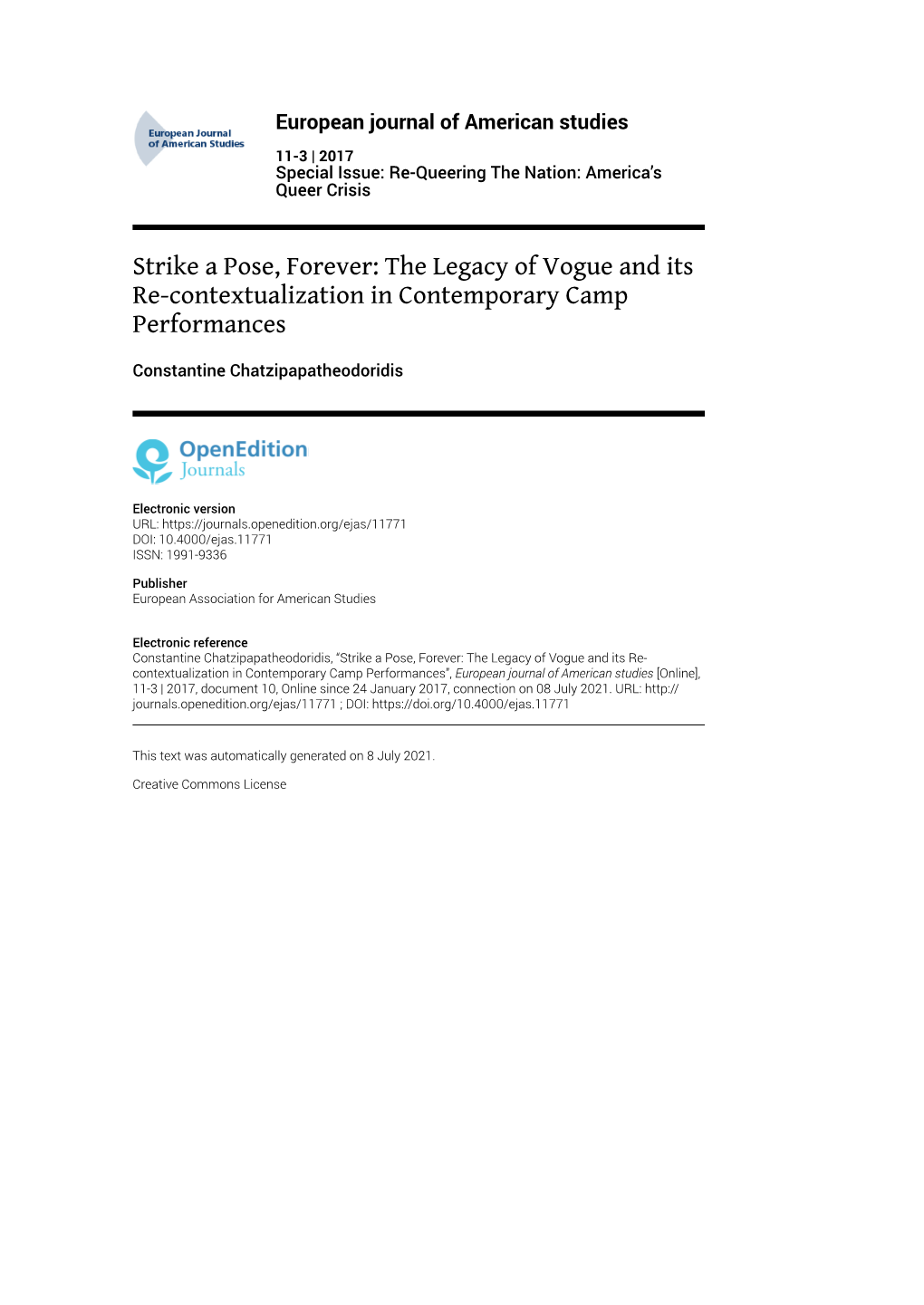 European Journal of American Studies, 11-3 | 2017 Strike a Pose, Forever: the Legacy of Vogue and Its Re-Contextualization in C