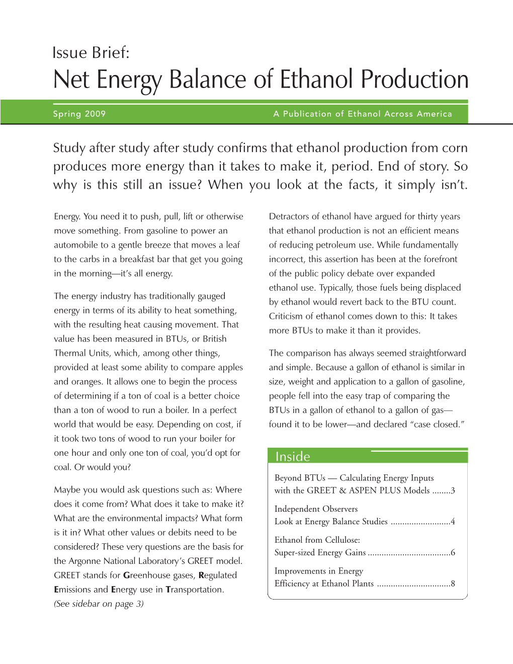 Net Energy Balance of Ethanol Production