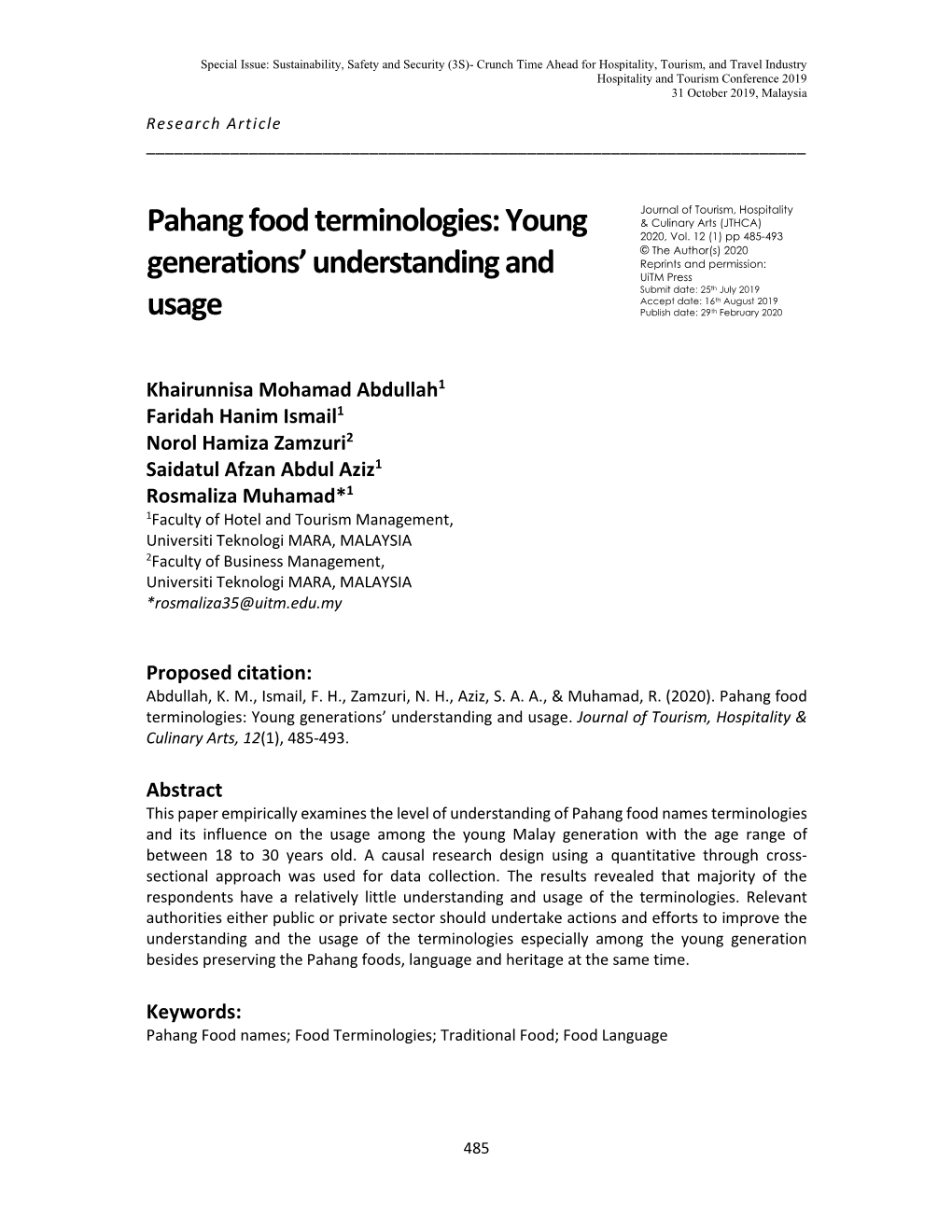 Pahang Food Terminologies: Young Generations' Understanding And