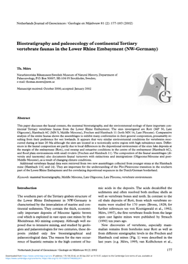 Biostratigraphy and Paleoecology of Continental Tertiary Vertebrate Faunas in the Lower Rhine Embayment (NW-Germany)