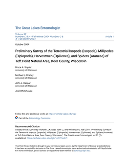 (Diplopoda), Harvestmen (Opiliones), and Spiders (Araneae) of Toft Point Natural Area, Door County, Wisconsin
