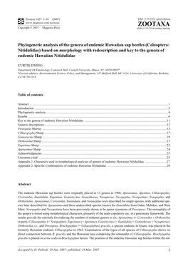 Zootaxa, Phylogenetic Analysis of the Genera of Endemic Hawaiian Sap