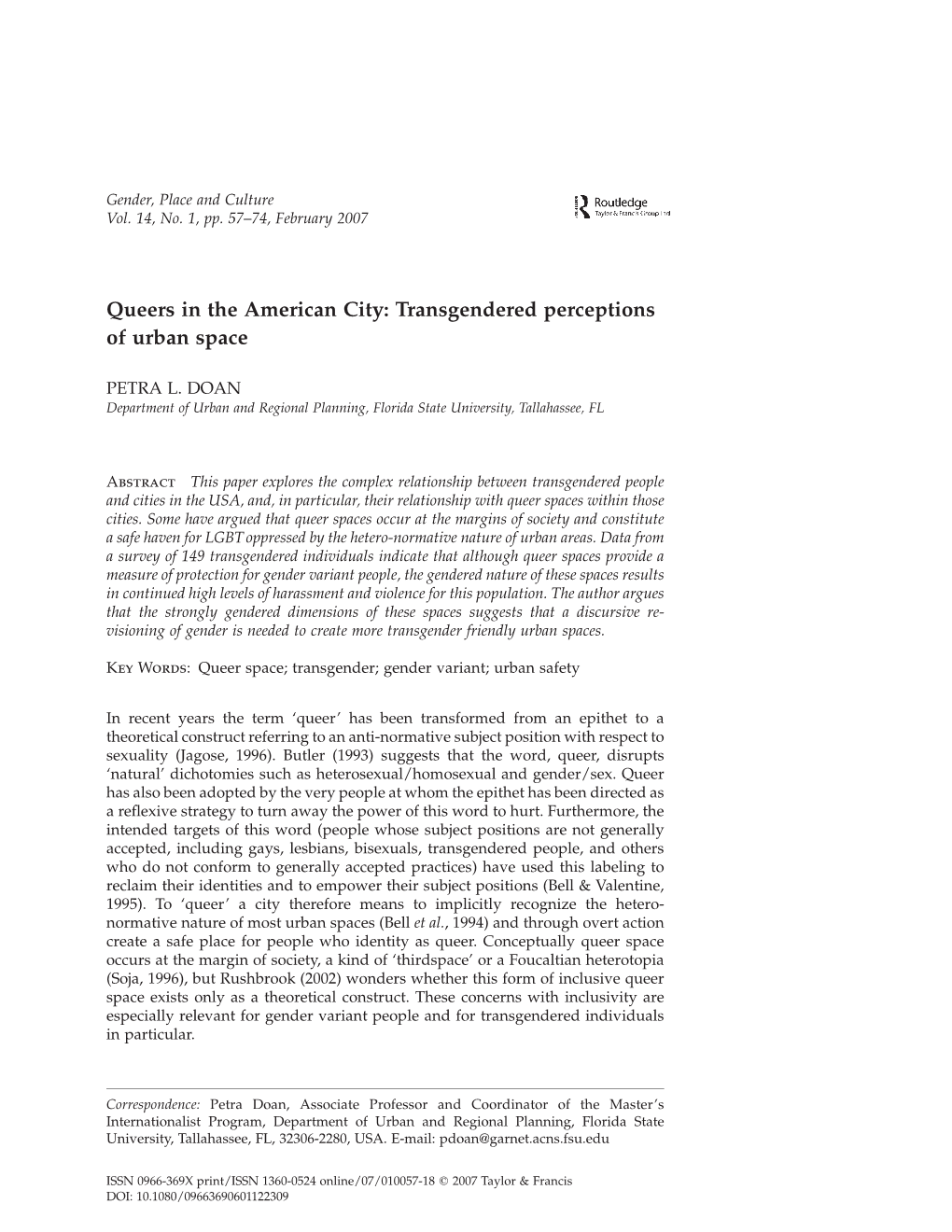 Queers in the American City: Transgendered Perceptions of Urban Space