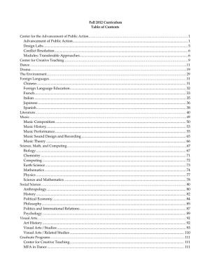 Fall 2012 Curriculum Table of Contents