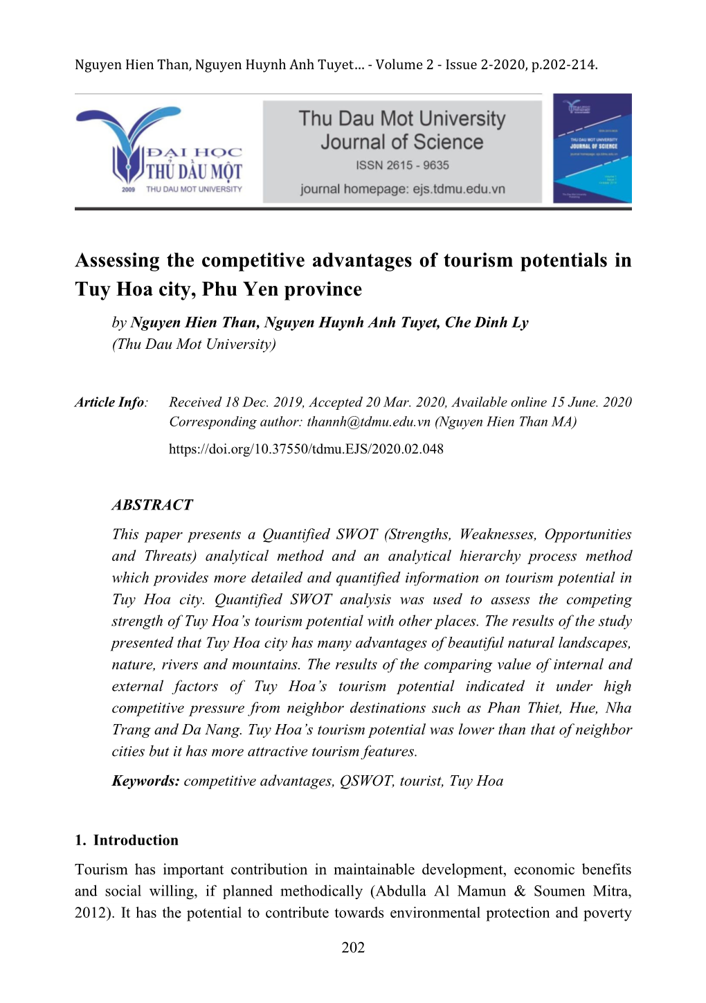 Assessing the Competitive Advantages of Tourism Potentials in Tuy Hoa