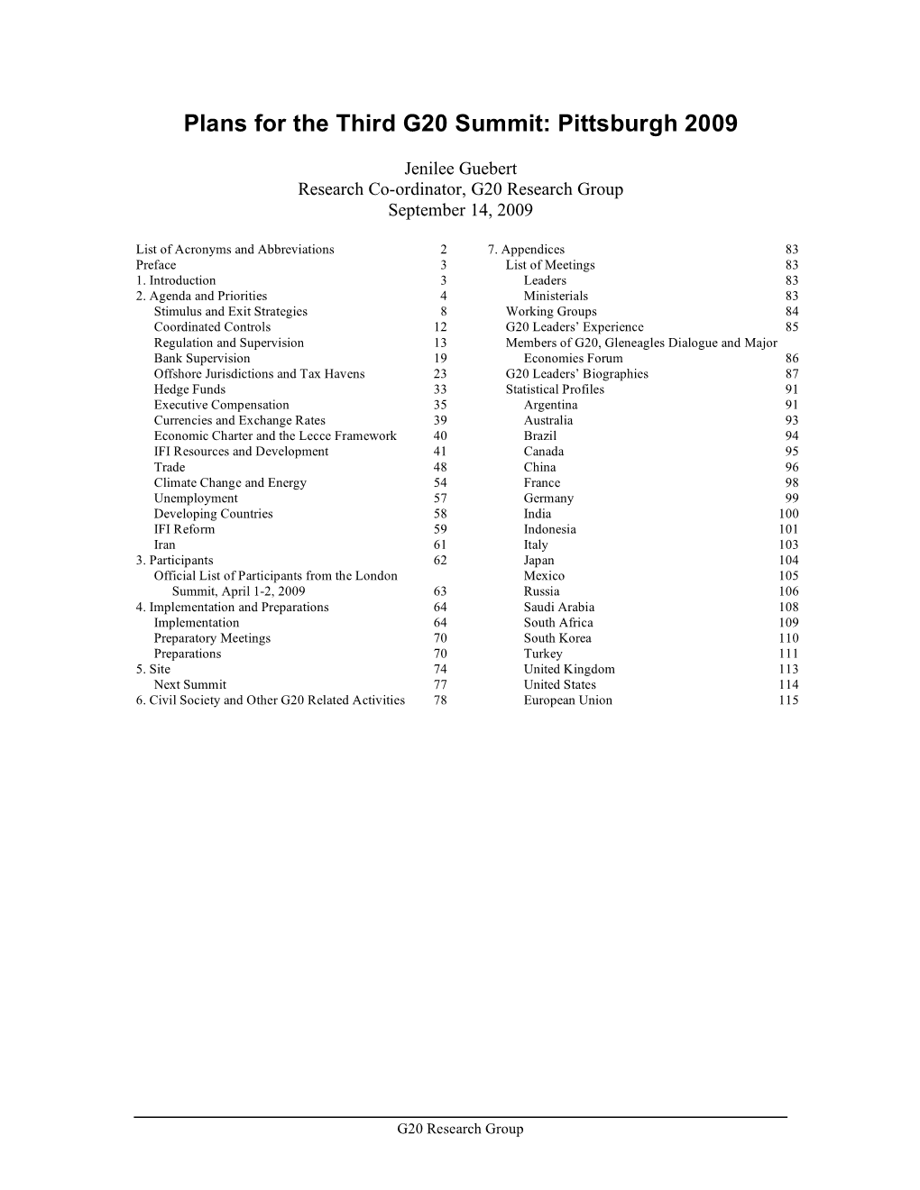 Plans for the Third G20 Summit: Pittsburgh 2009