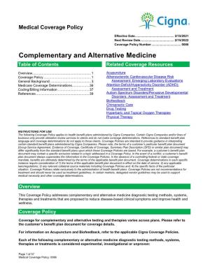 Complementary and Alternative Medicine Table of Contents Related Coverage Resources