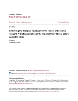 Marginal Revolution" in the History of Economic Thought: a Brief Examination of the Marginal Utility Theory Before and in the 1870S
