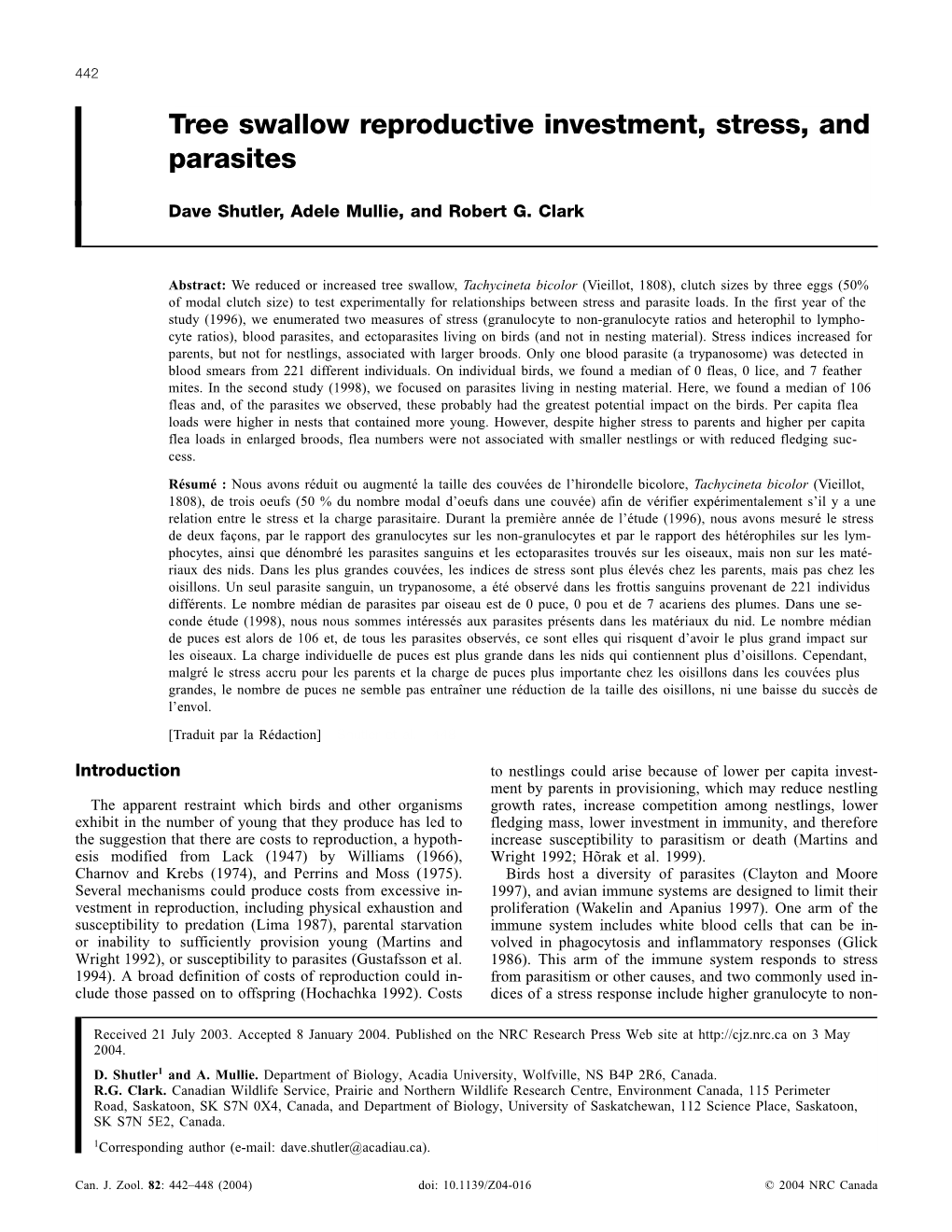 Tree Swallow Reproductive Investment, Stress, and Parasites