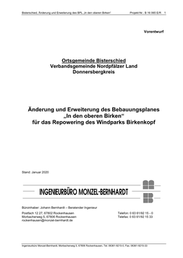 Bisterschied WEA Birkenkopf Entwurf Begründung Und Textl Festsetzungen