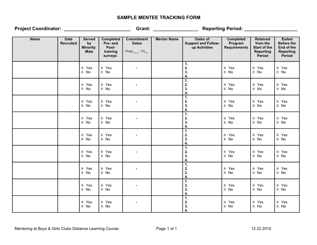 Sample Mentee Tracking Form