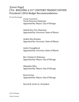 [Cover Page] CTA: BUILDING a 21ST CENTURY TRANSIT SYSTEM President’S 2016 Budget Recommendations