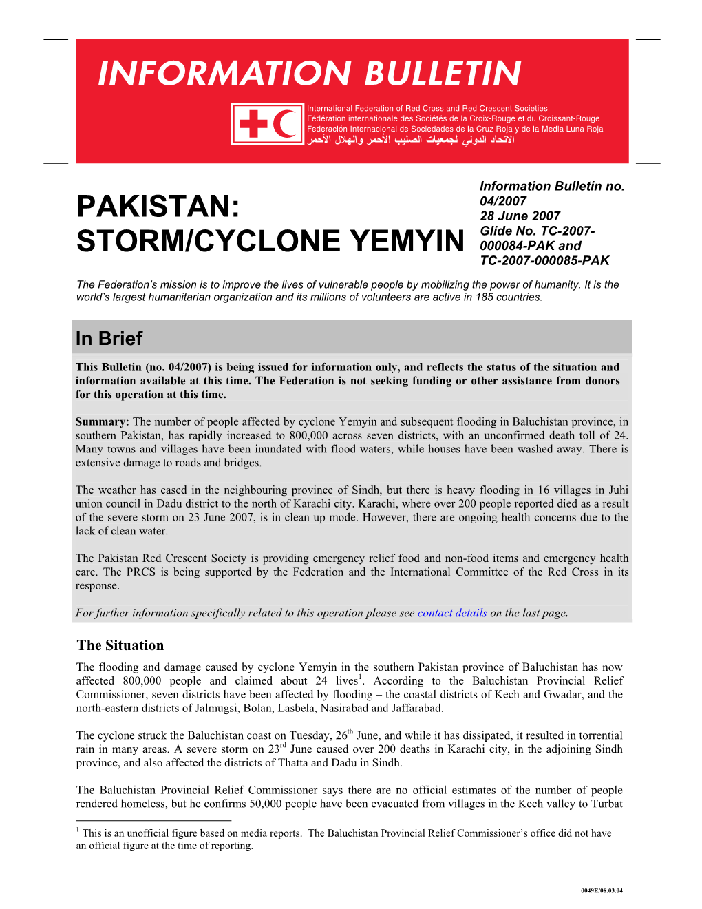 Pakistan: Storm/Cyclone Yemyin; Information Bulletin No
