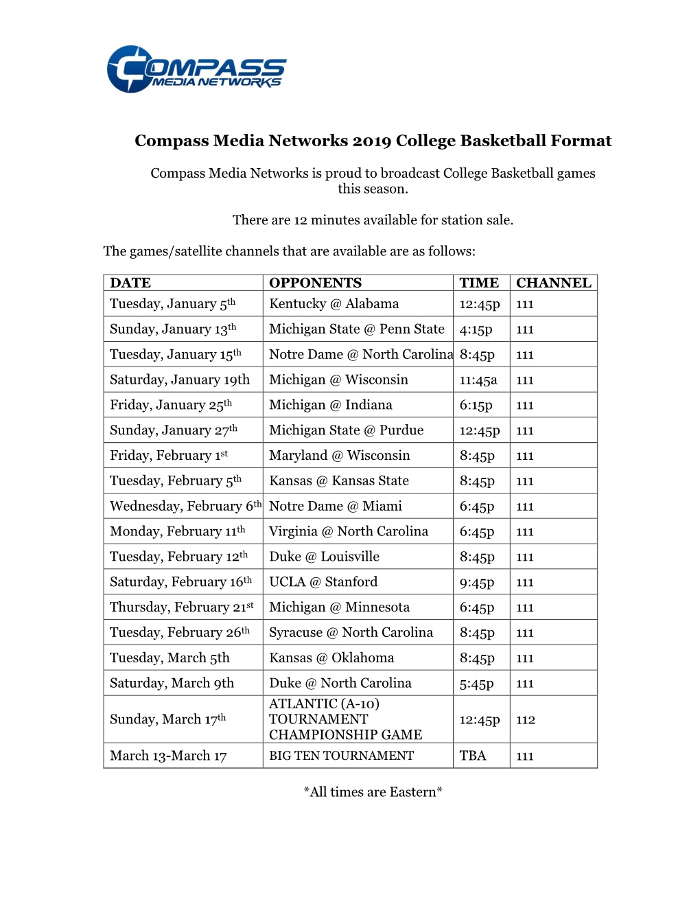 Compass Media Networks 2019 College Basketball Format