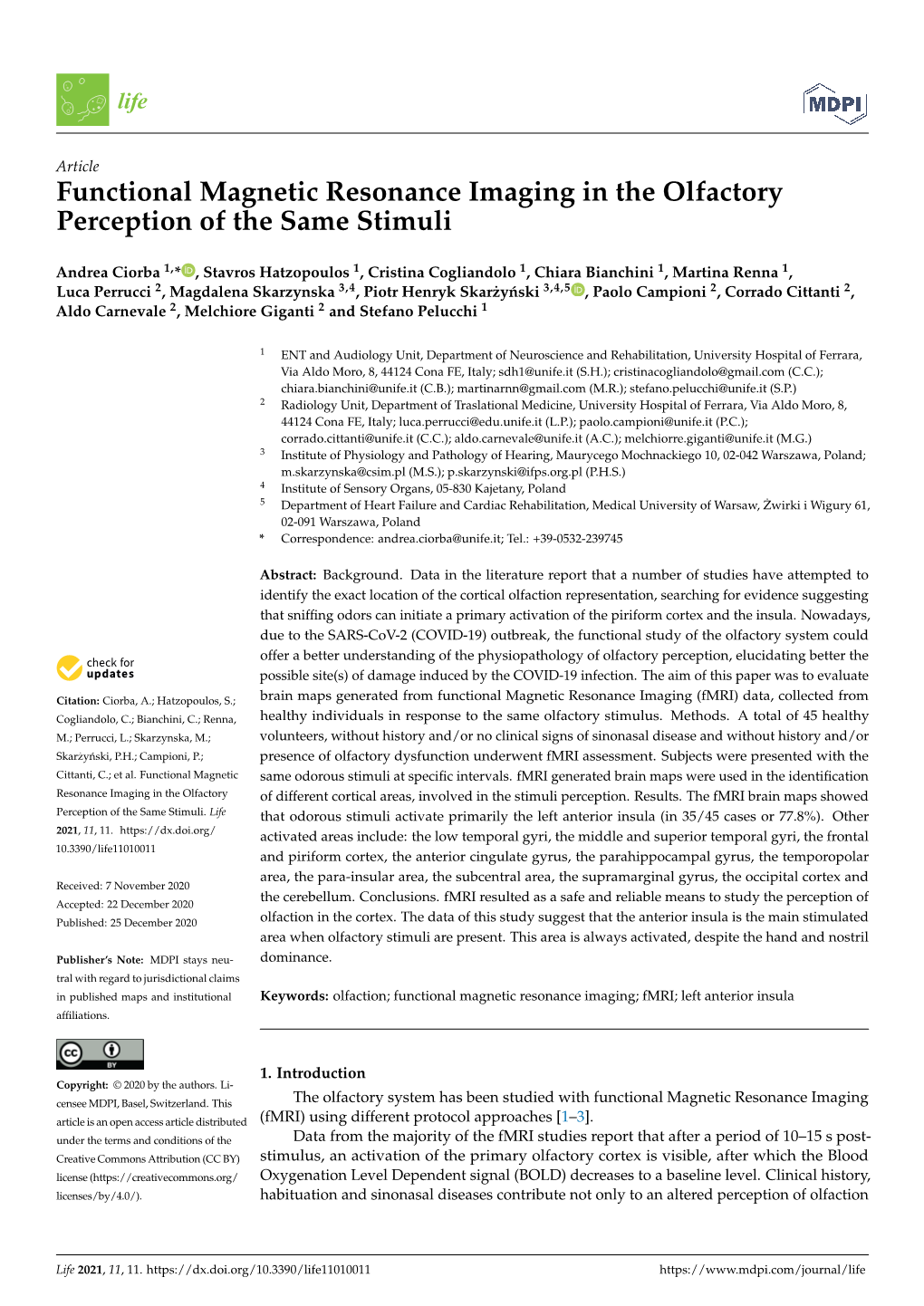 Functional Magnetic Resonance Imaging in the Olfactory Perception of the Same Stimuli