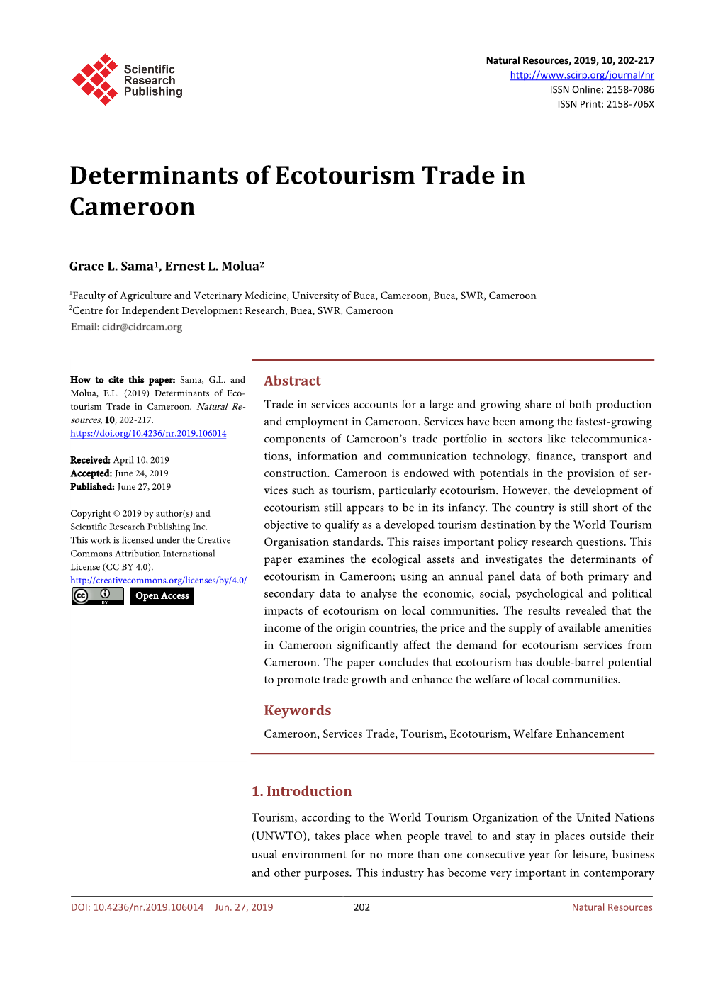 Determinants of Ecotourism Trade in Cameroon