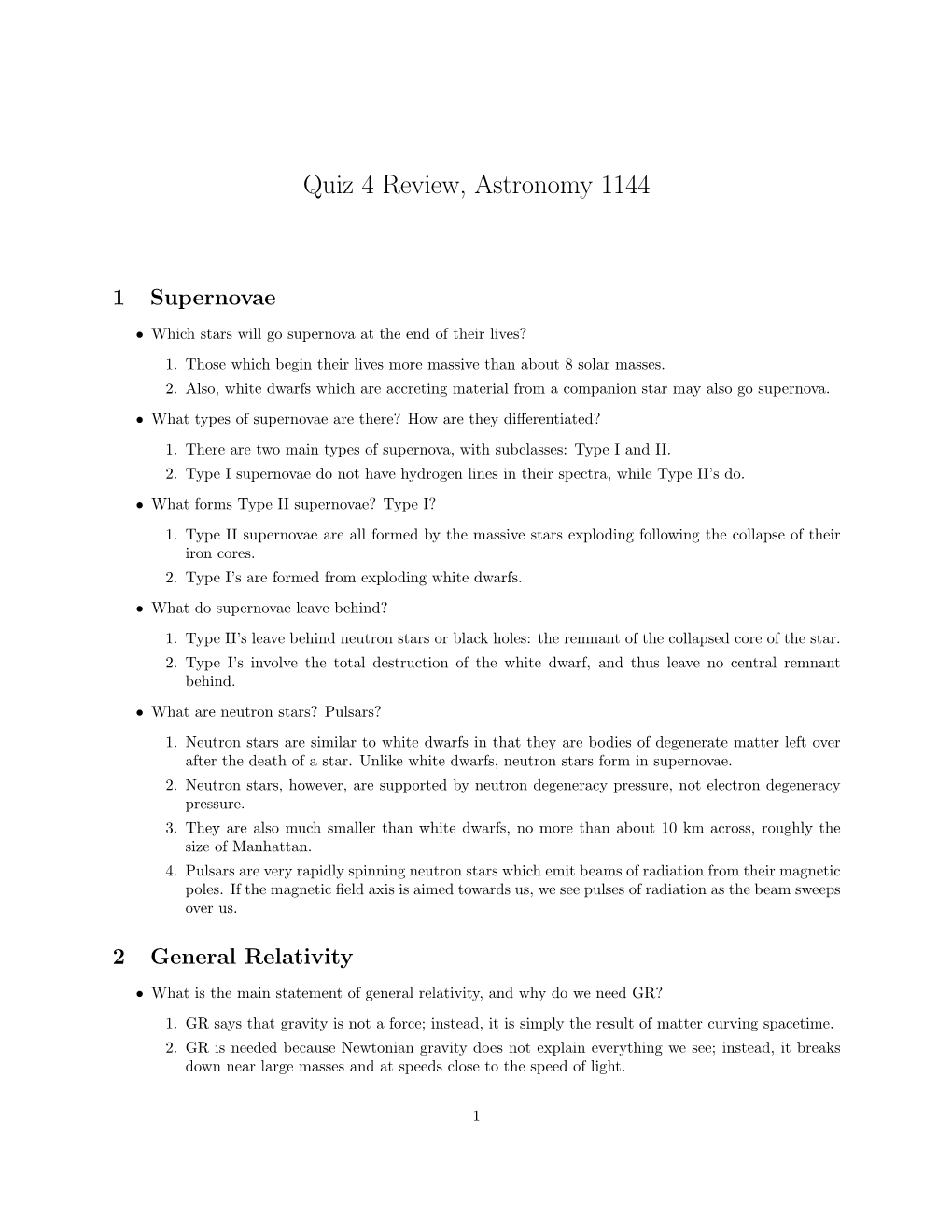 Quiz 4 Review, Astronomy 1144