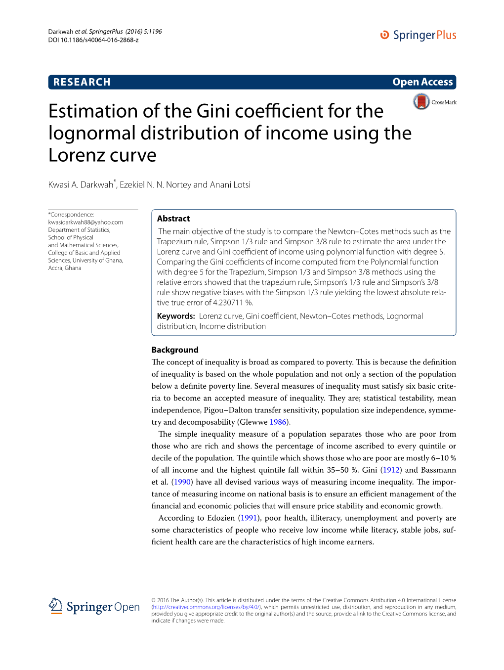 Estimation of the Gini Coefficient for the Lognormal Distribution of Income Using the Lorenz Curve