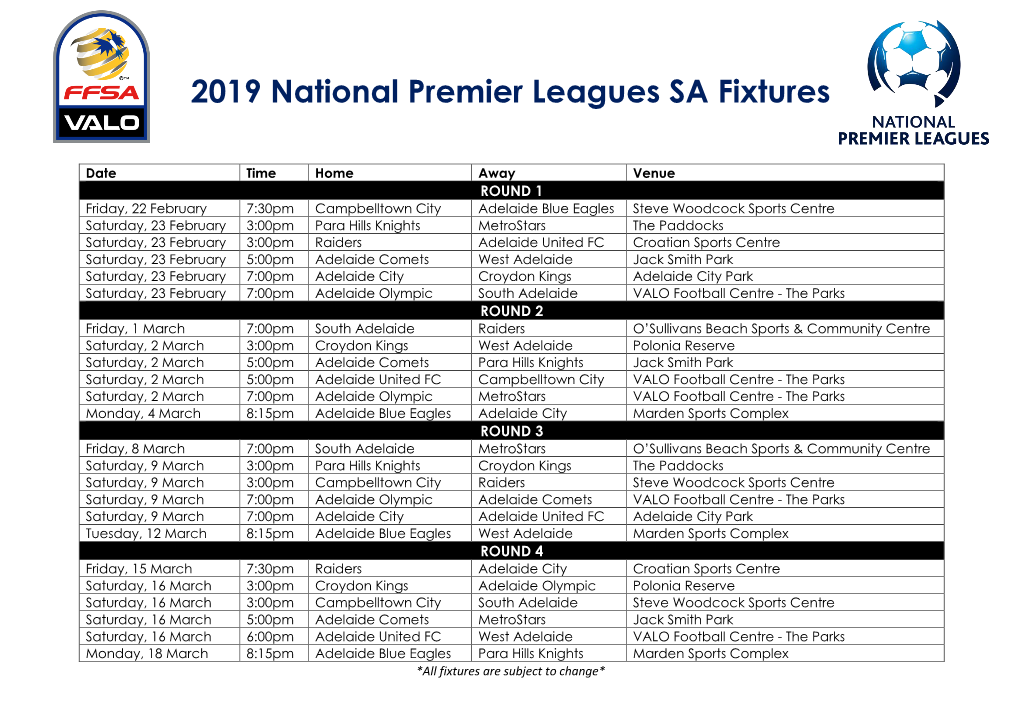 2019 National Premier Leagues SA Fixtures