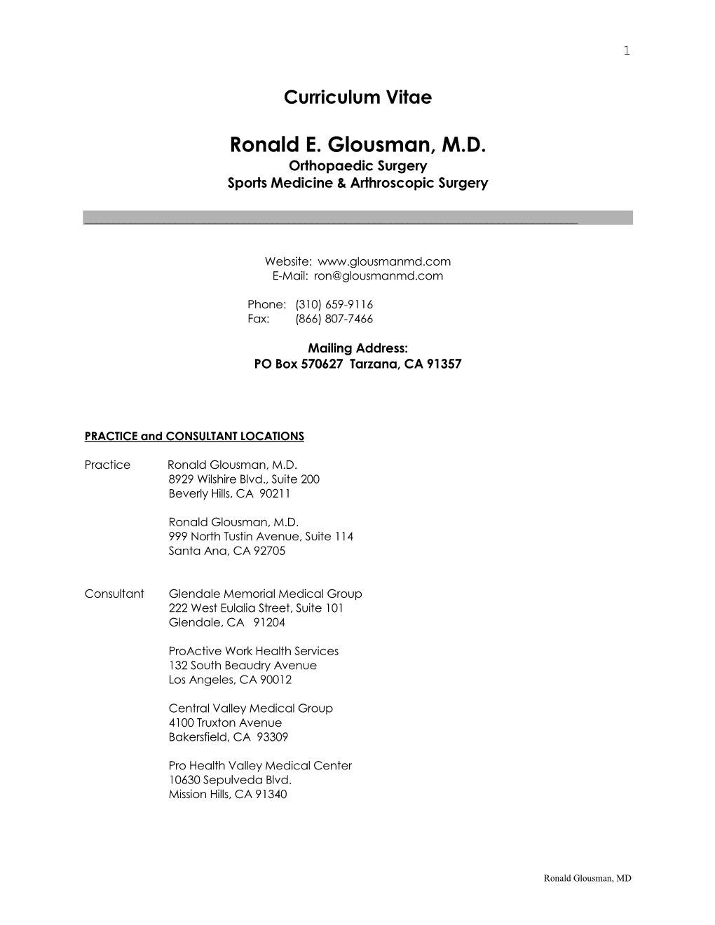 Curriculum Vitae Ronald E. Glousman