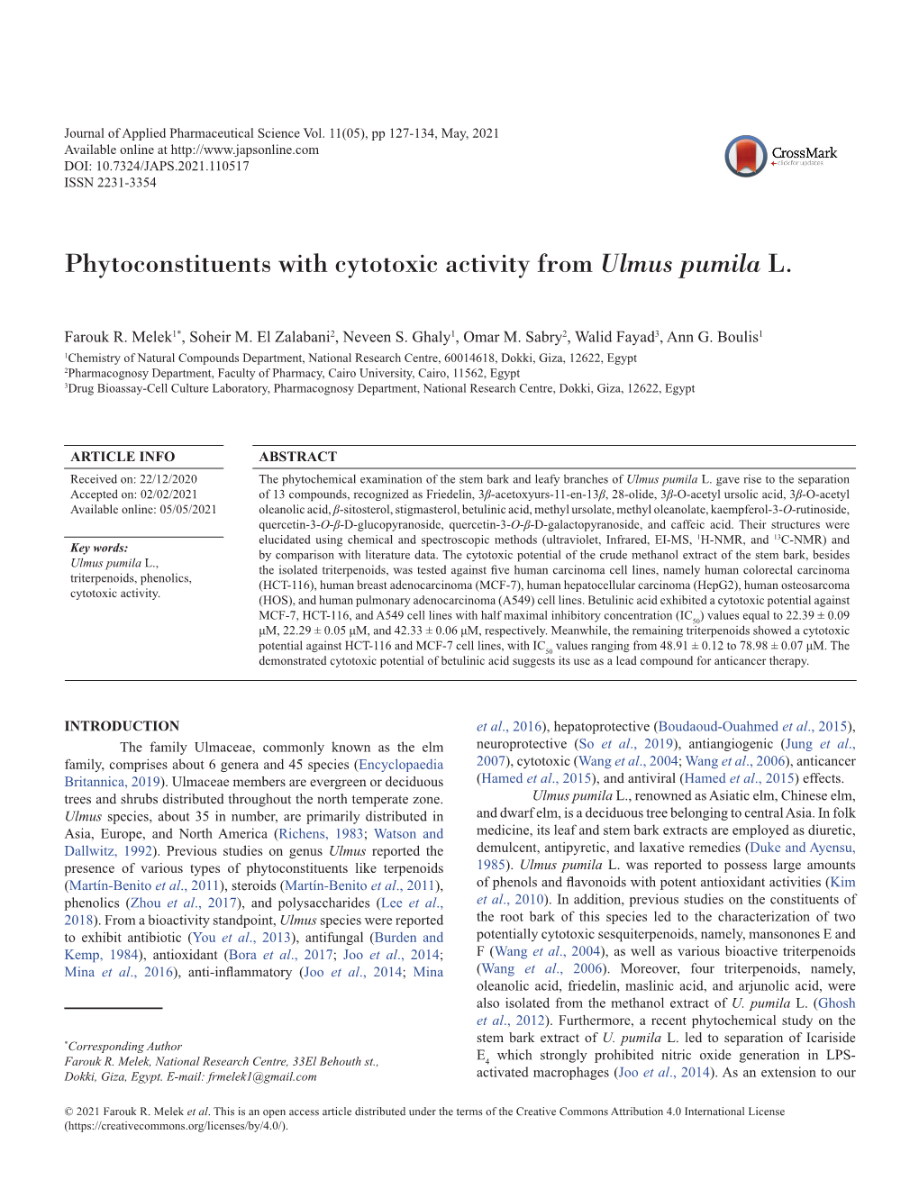 Phytoconstituents with Cytotoxic Activity from Ulmus Pumila L