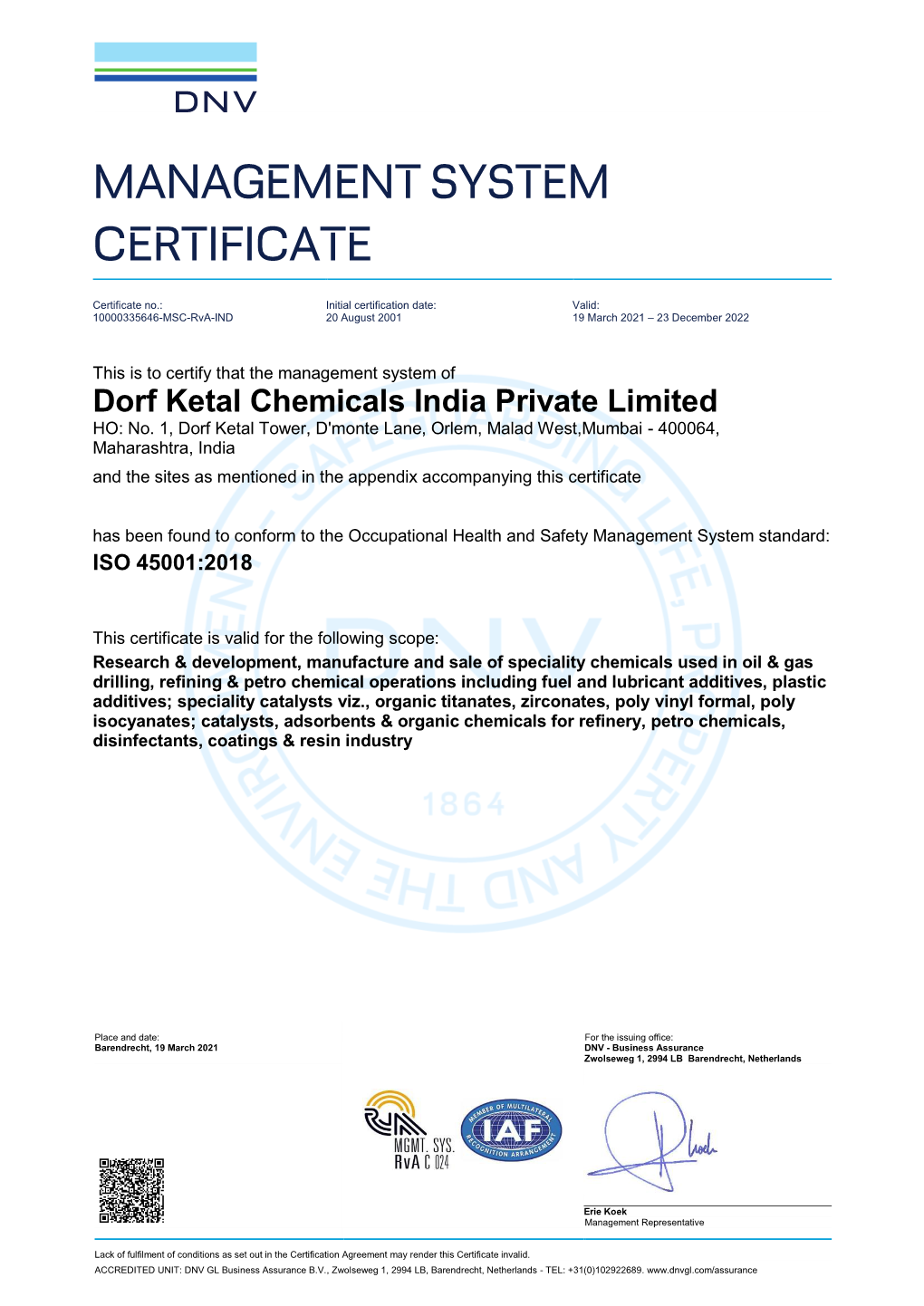 ISO 45001 Dorf Ketal Chemicals India Pvt. Ltd - DocsLib