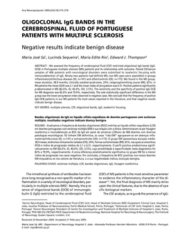 OLIGOCLONAL Igg BANDS in the CEREBROSPINAL FLUID of PORTUGUESE PATIENTS with MULTIPLE SCLEROSIS