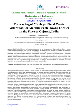 Forecasting of Municipal Solid Waste Generation for Medium Scale Towns Located in the State of Gujarat, India