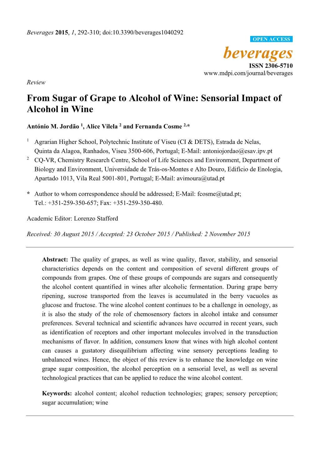 From Sugar of Grape to Alcohol of Wine: Sensorial Impact of Alcohol in Wine