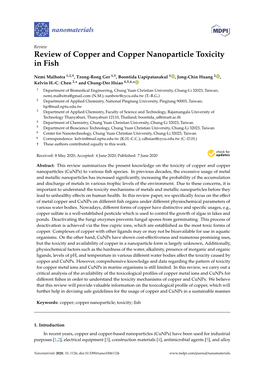 Review of Copper and Copper Nanoparticle Toxicity in Fish