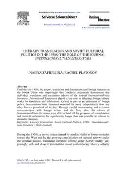 Literary Translation and Soviet Cultural Politics in the 1930S: the Role of the Journal Internacional’Naja Literatura