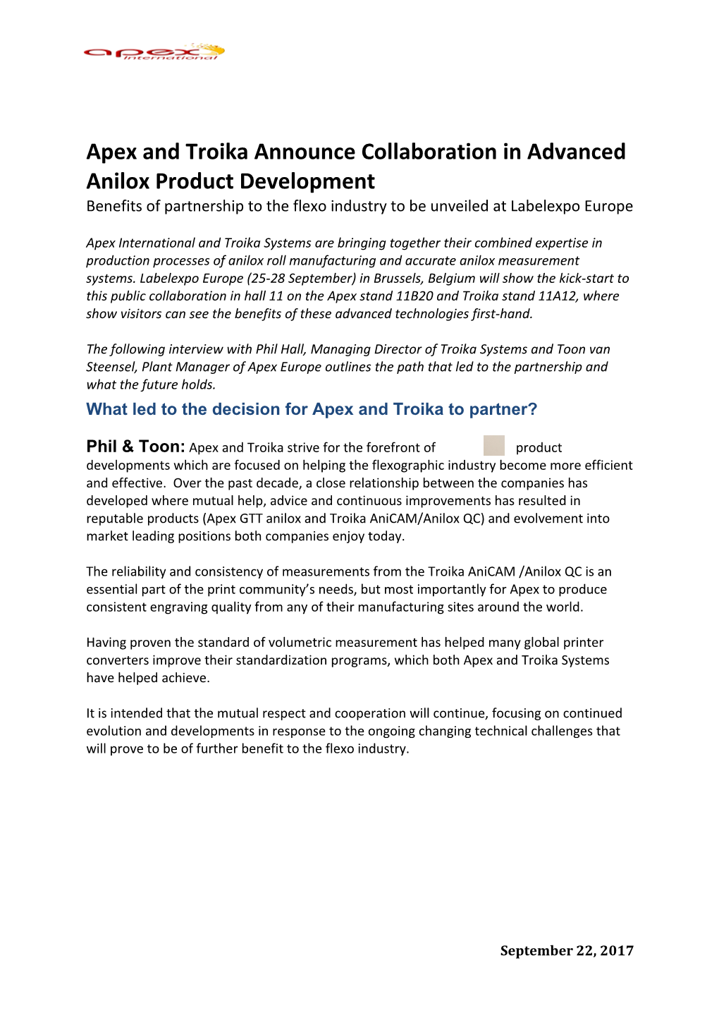 Apex and Troika Announce Collaboration in Advanced Anilox Product Development