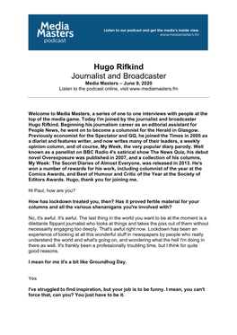 Hugo Rifkind Journalist and Broadcaster Media Masters – June 9, 2020 Listen to the Podcast Online, Visit