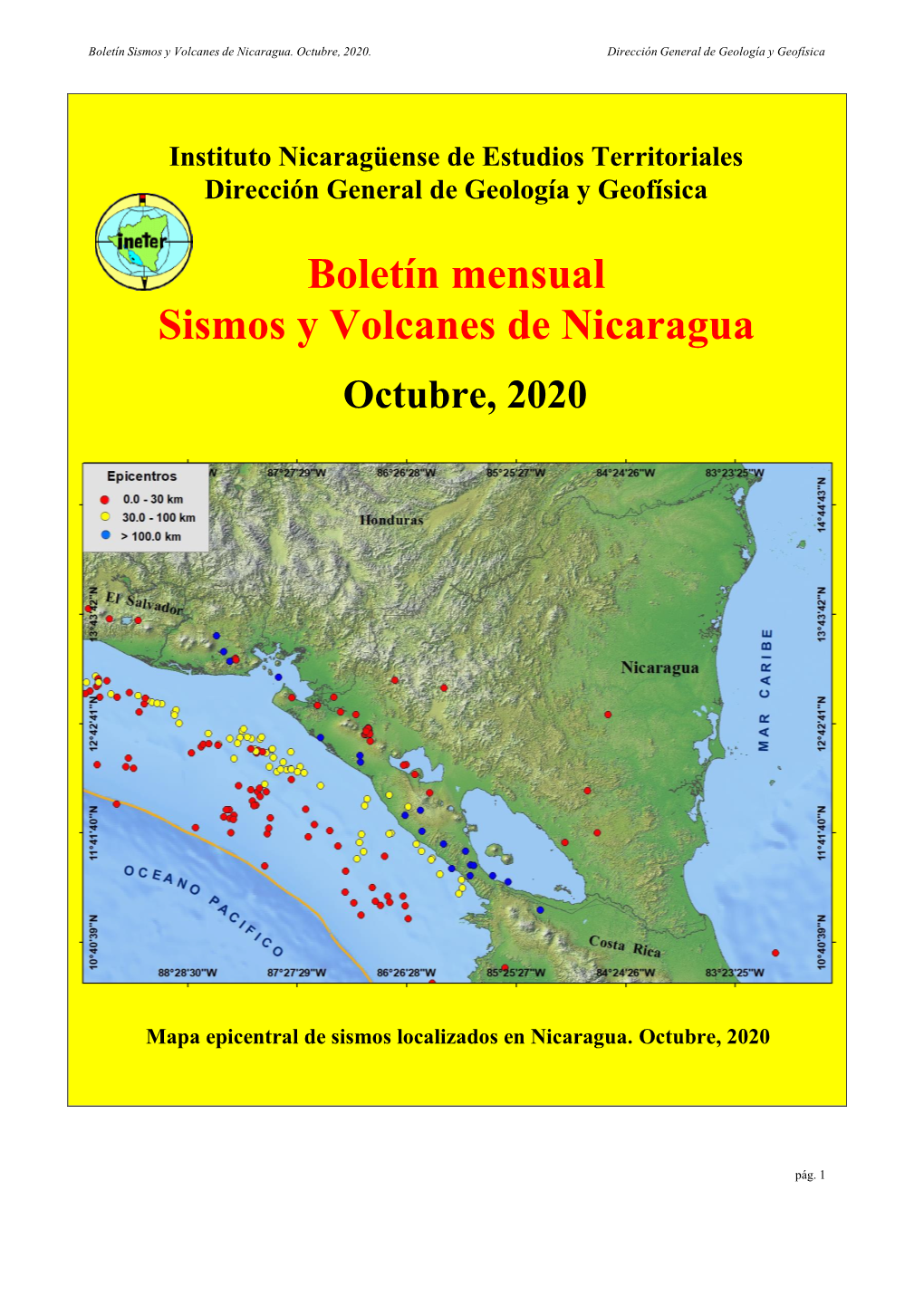 Boletín Mensual Sismos Y Volcanes De Nicaragua Octubre, 2020