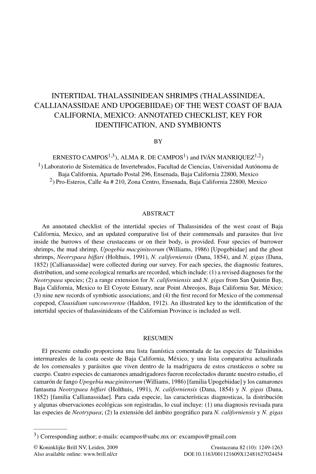 Thalassinidea, Callianassidae and Upogebiidae) of the West Coast of Baja California, Mexico: Annotated Checklist, Key for Identification, and Symbionts