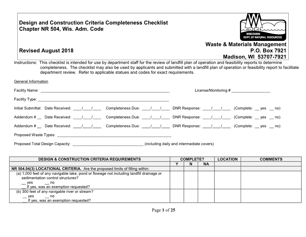 Design and Construction Criteria Completeness Checklist: Ch. NR