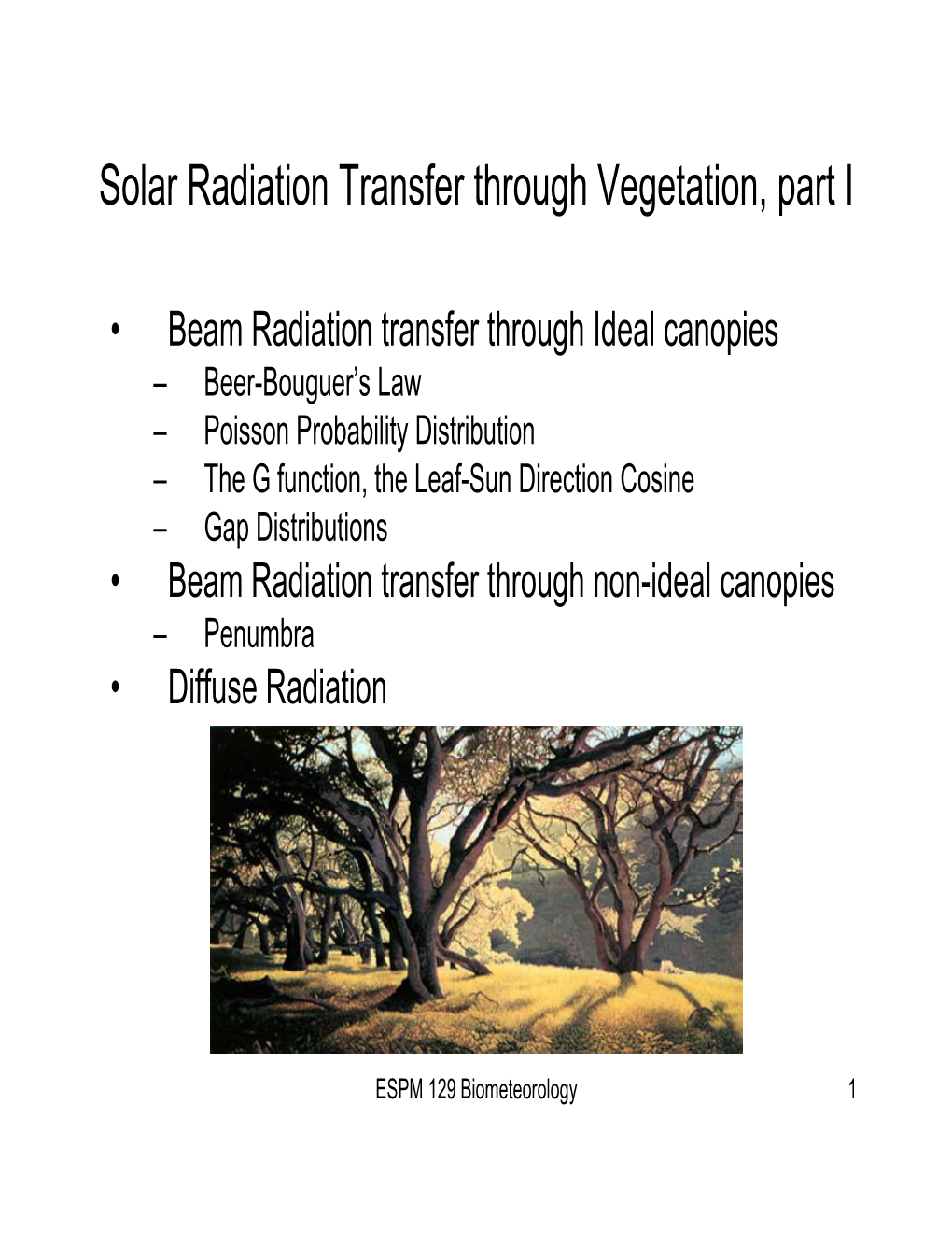 Solar Radiation Transfer Through Vegetation, Part I