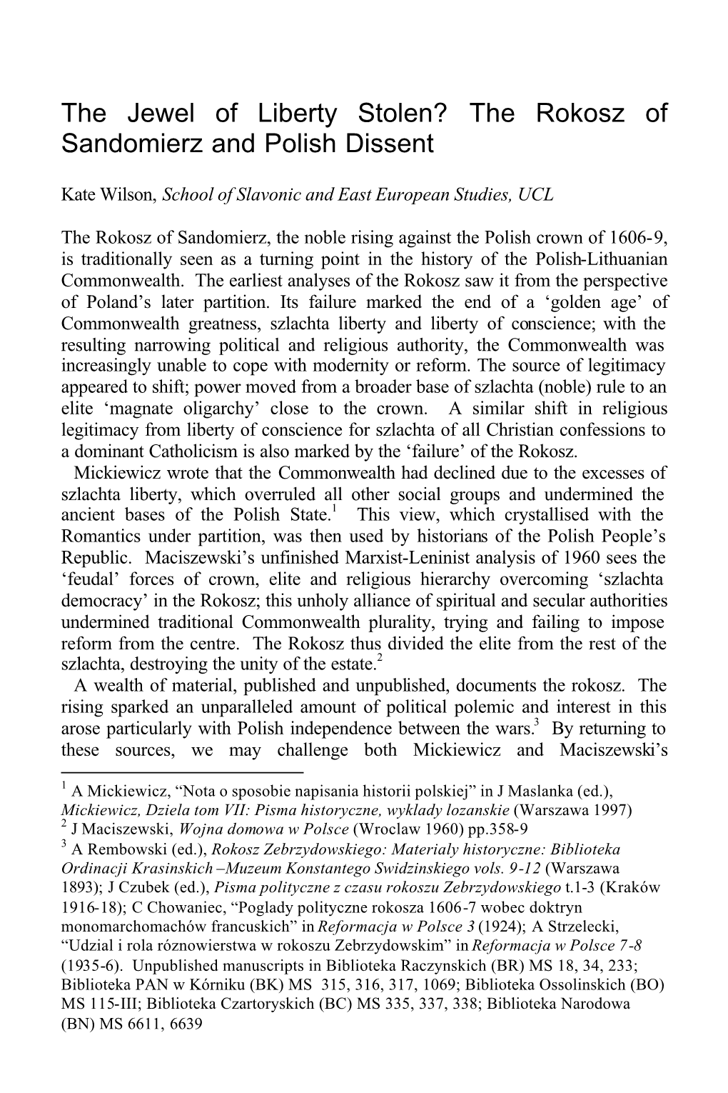 The Rokosz of Sandomierz and Polish Dissent