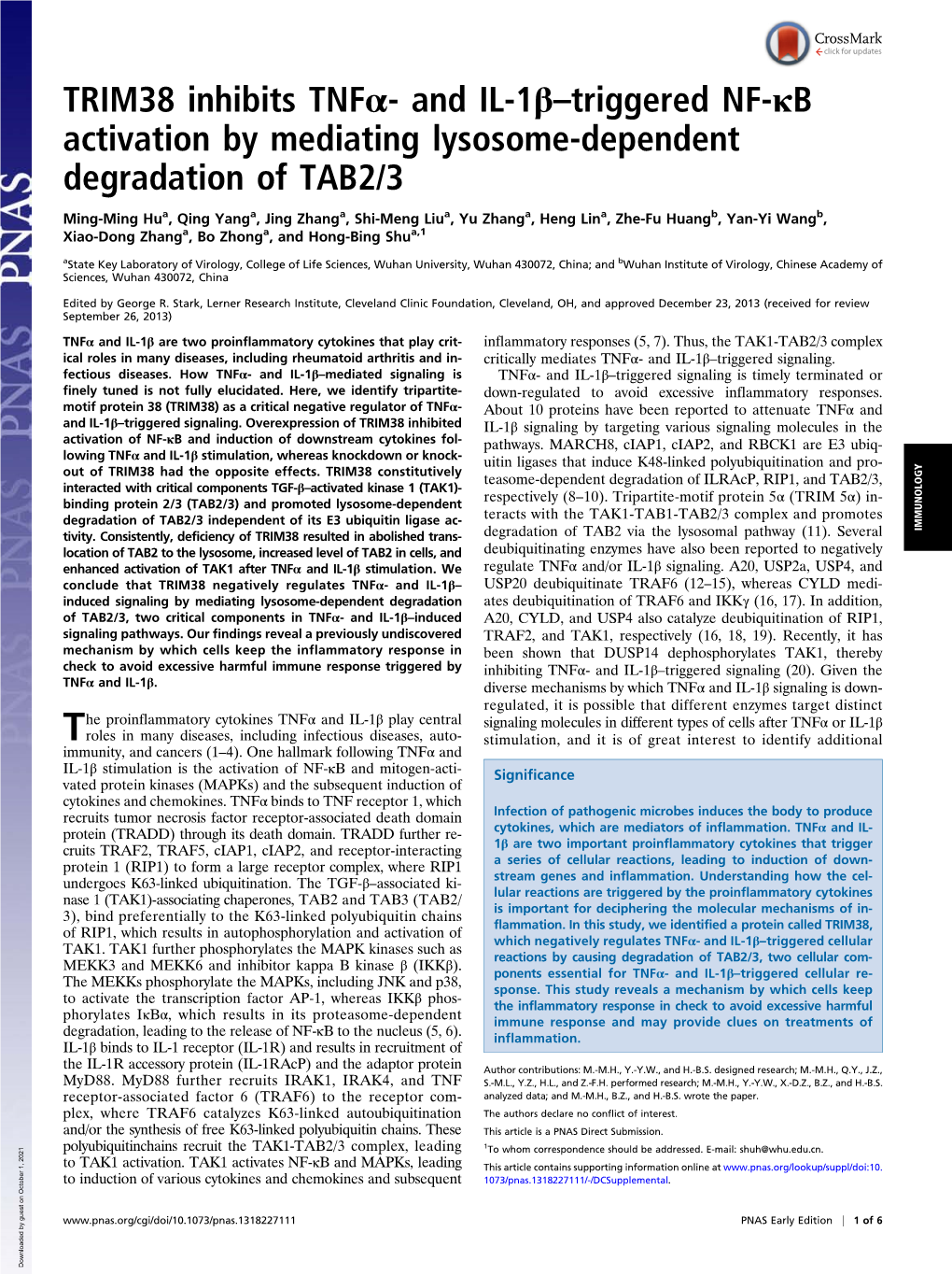 TRIM38 Inhibits Tnfα- and IL-1Β–Triggered NF-Κb Activation by Mediating Lysosome-Dependent Degradation of TAB2/3