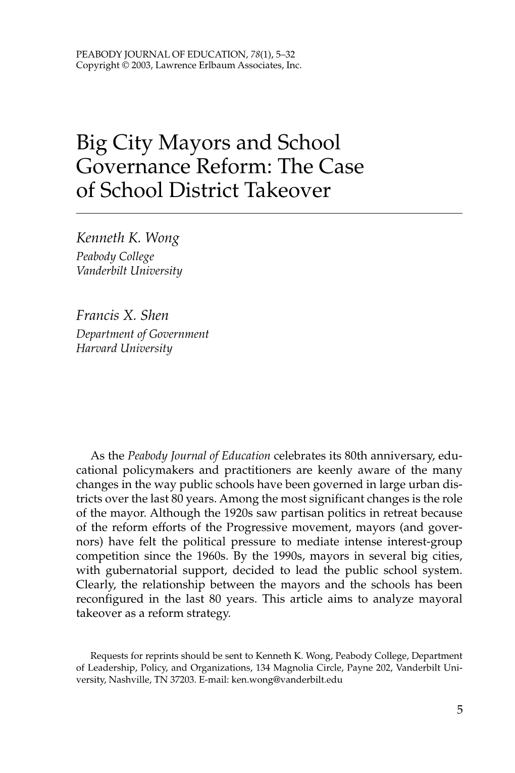 Big City Mayors and School Governance Reform: the Case of School District Takeover