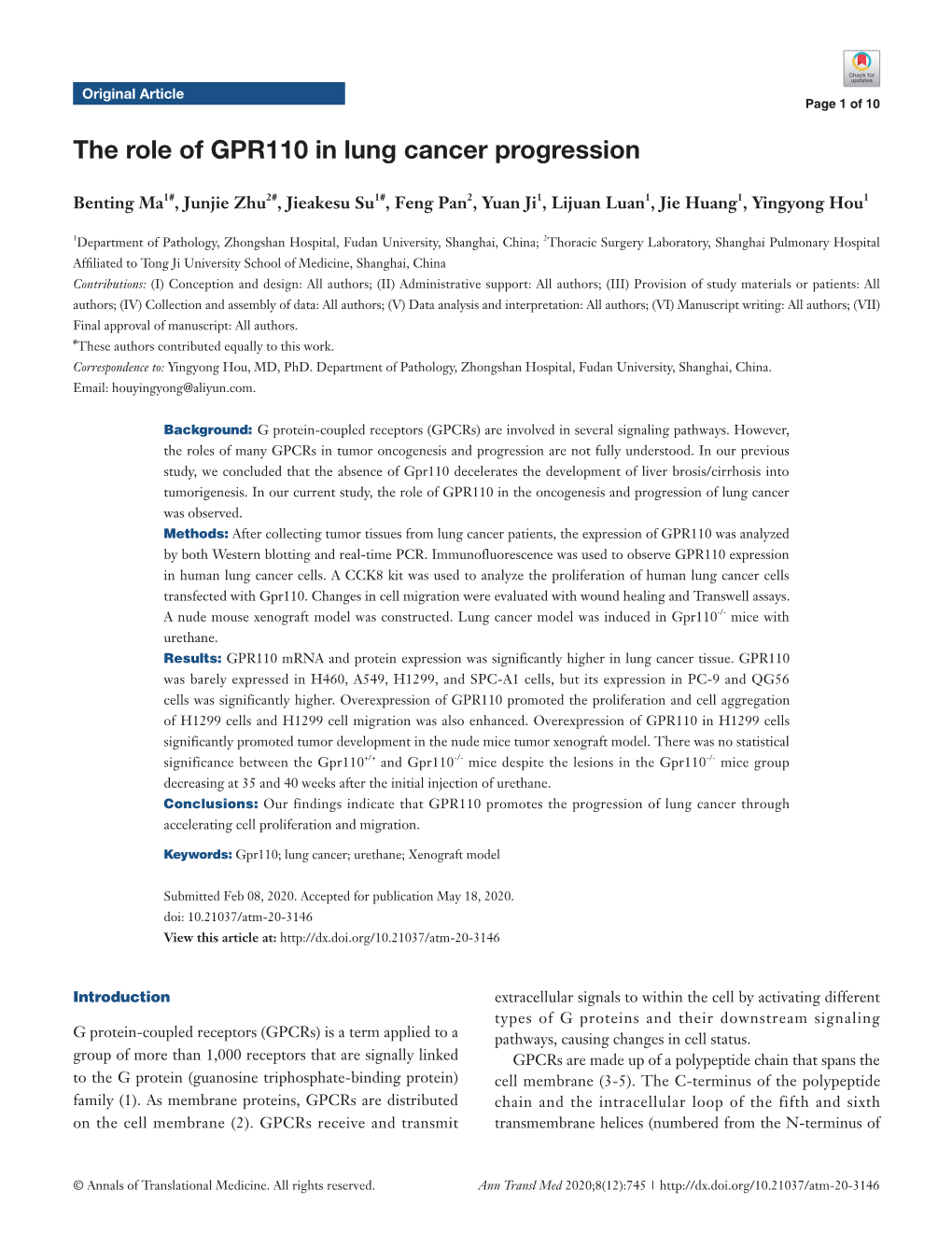 The Role of GPR110 in Lung Cancer Progression