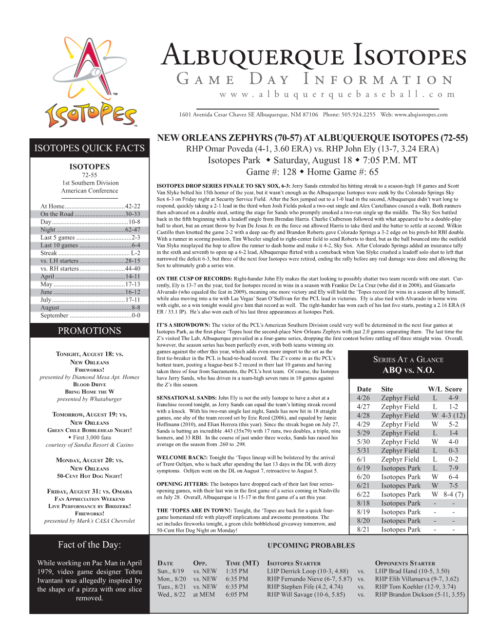 Albuquerque Isotopes Game Day Information