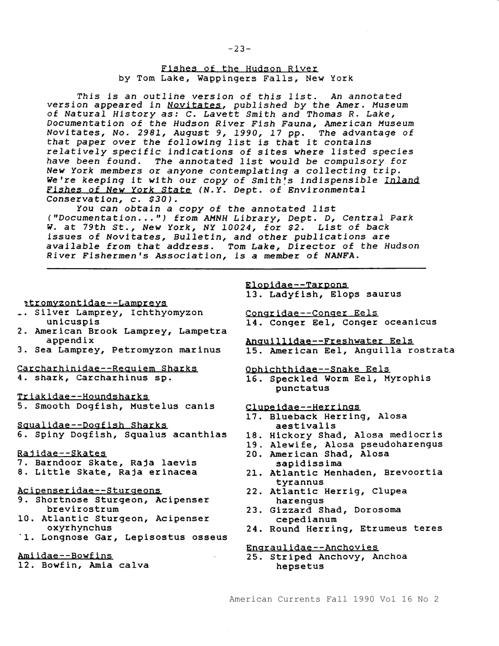 23- Fishes of the Hudson River by Tom Lake, Wappingers Falls, New York This Is an Outline Version of This List. an Annotated Ve