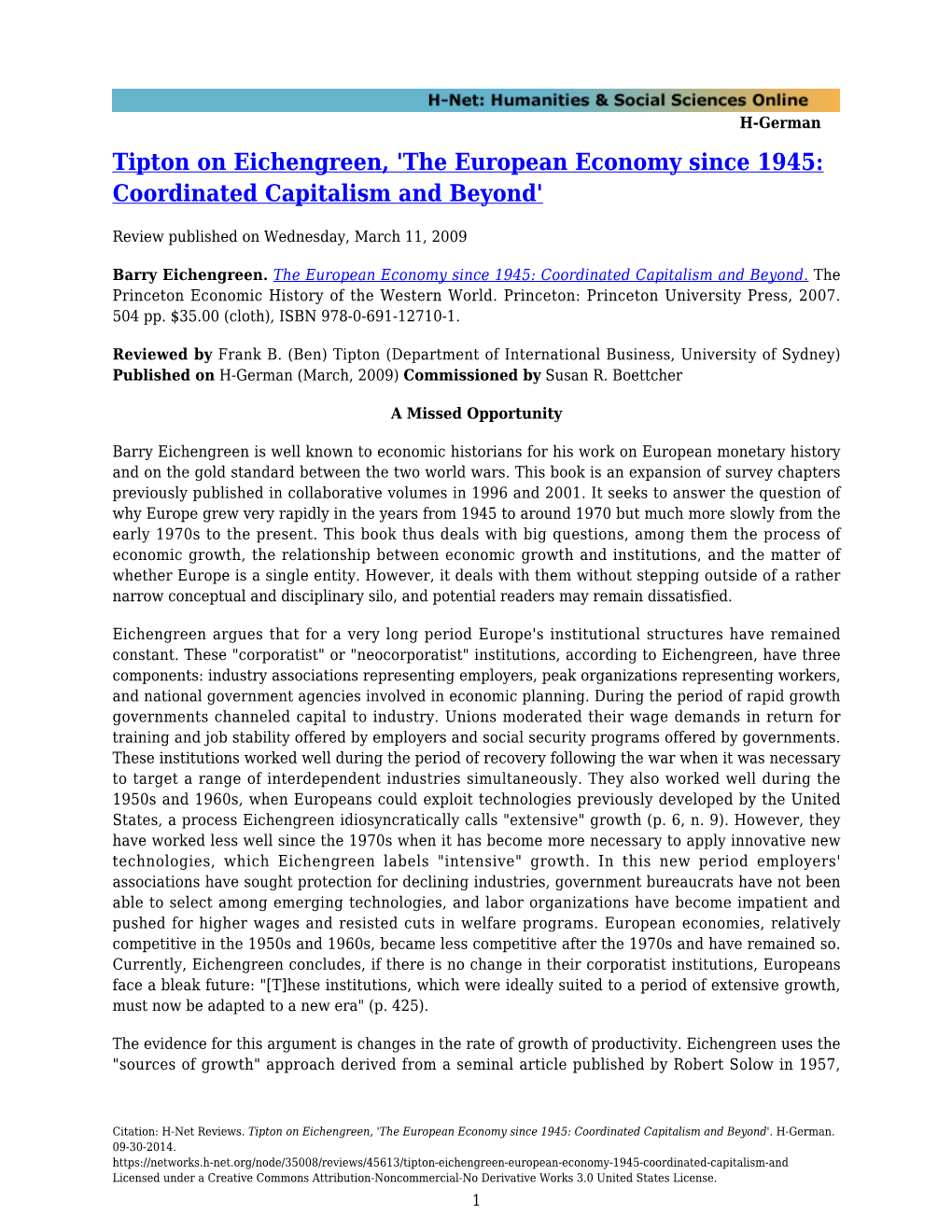 Tipton on Eichengreen, 'The European Economy Since 1945: Coordinated Capitalism and Beyond'