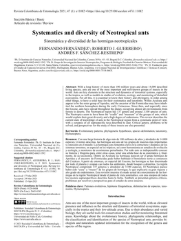 Systematics and Diversity of Neotropical Ants / Sistemática Y