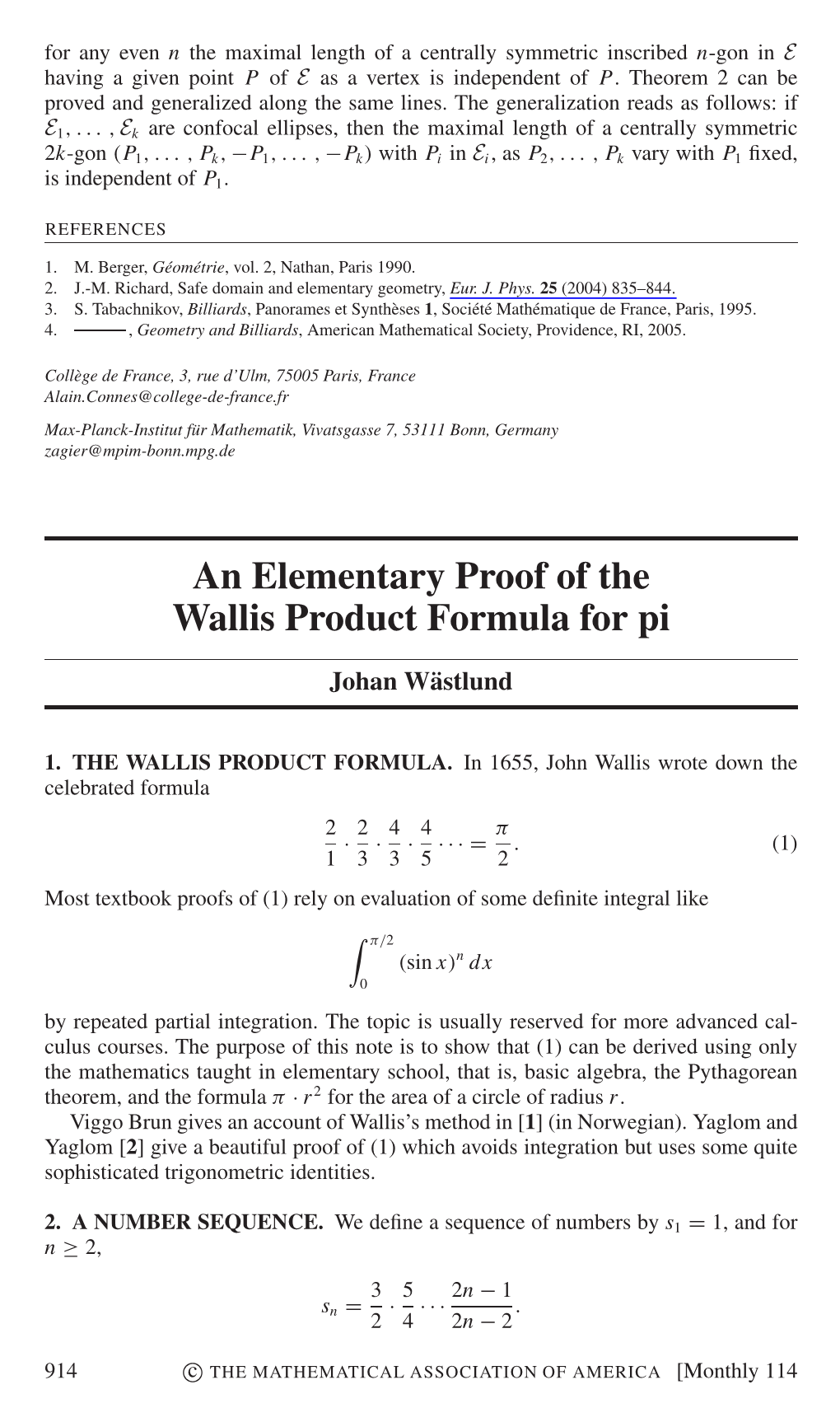 An Elementary Proof Of The Wallis Product Formula For Pi - Docslib