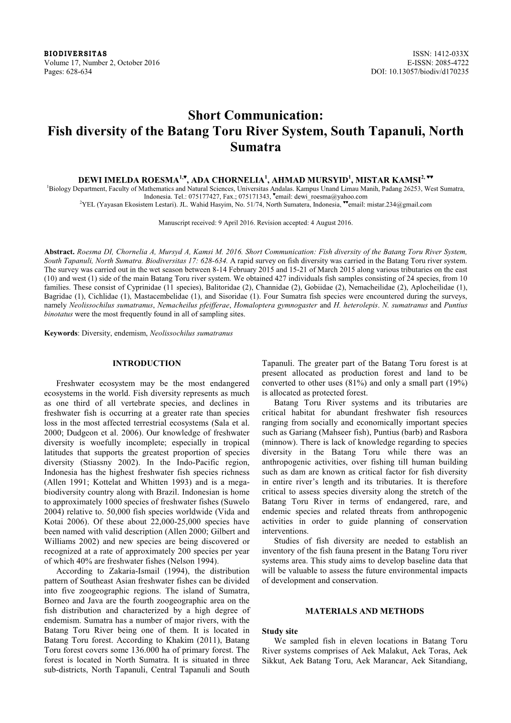 Fish Diversity of the Batang Toru River System, South Tapanuli, North Sumatra